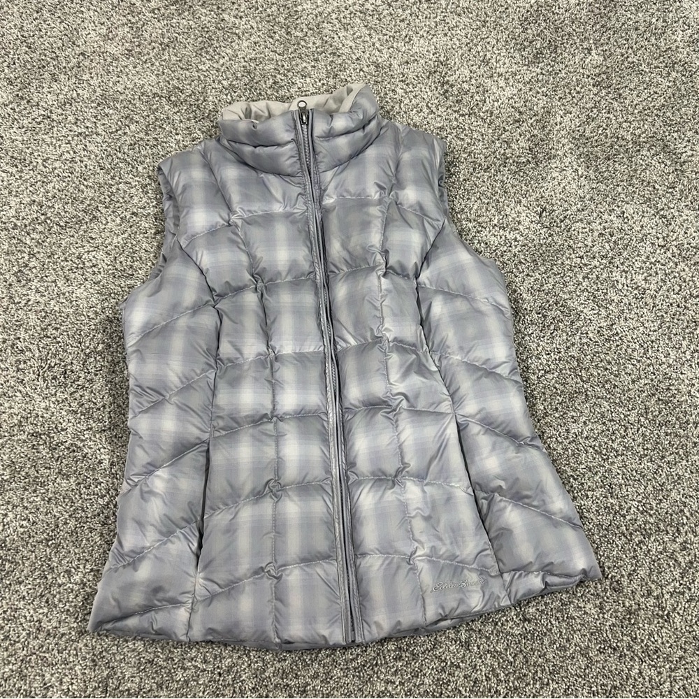 Eddie Bauer EB650 Grey Blue Down Filling Puffer Vest Zip Pockets Women’s Size S